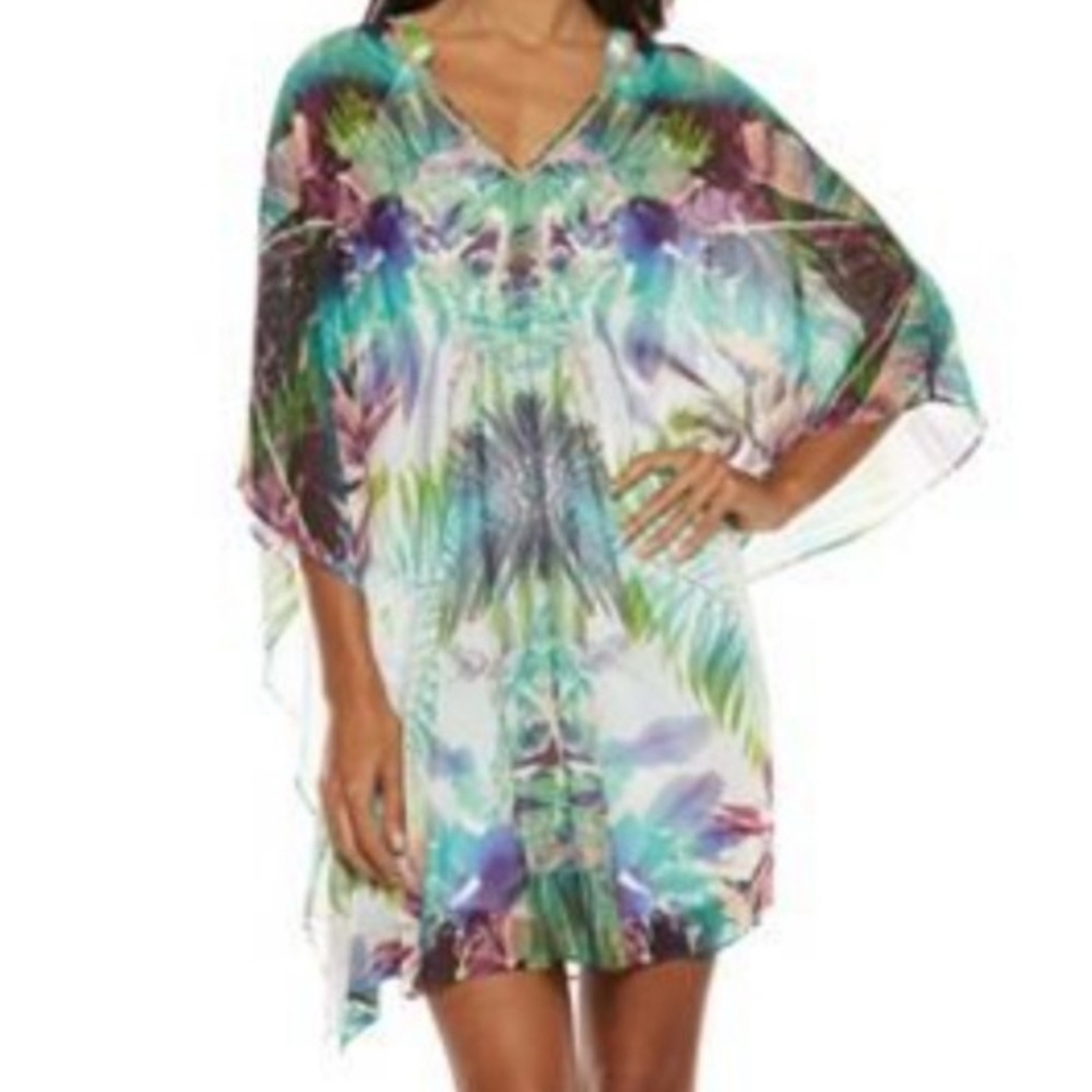 NWT JENNIFER LÓPEZ  Tropical Print Kaftan Tunic Dress Embellished Collar Sz S